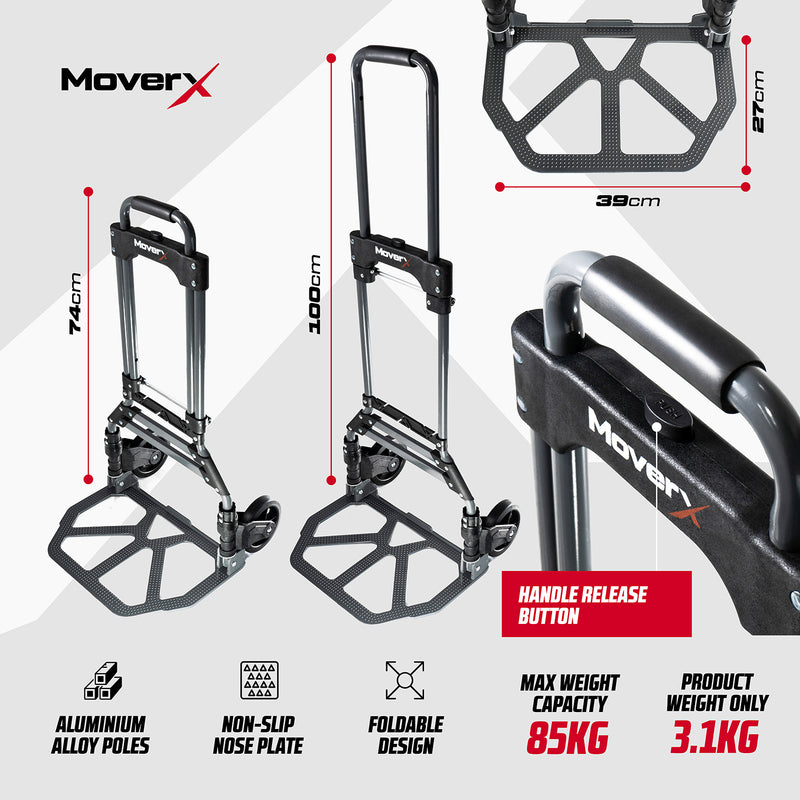 Load image into Gallery viewer, MoverX Folding Aluminium Hand Truck – Ultra Lightweight, Heavy-Duty 85kg Capacity, Adjustable Telescopic Handle, Compact Folding Design, Rubber Wheels, Bonus Safety Gloves &amp; Bungee Cords for Easy Transport
